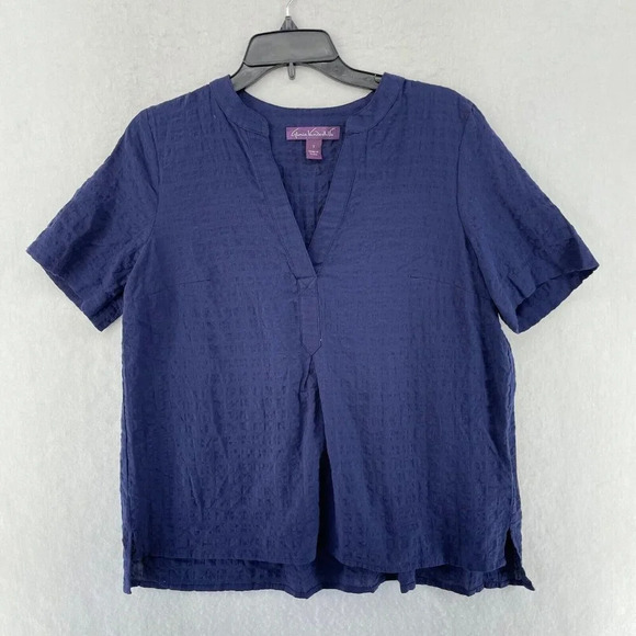 Gloria Vanderbilt Tops Womens Sz S Navy Blue Short Sleeve V Neck Pullover Blouse - Picture 1 of 10
